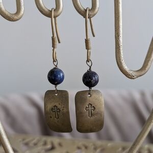 Artisan Blue and Gold Cross Dangle Earrings